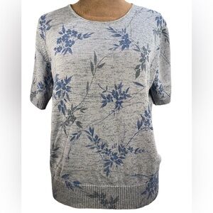 Style & Co. Gray and Blue Floral Short Sleeve‎ Sweater Blouse Women's L Office
